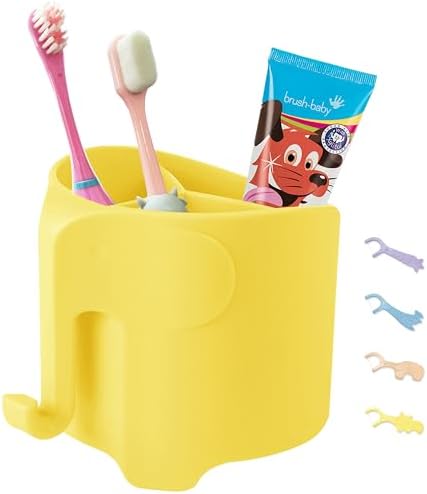 Organizing Kids Toothbrushes in a Funny Elephant Style Holder Yellow
