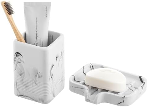 Sturdy Marble-Style Toothbrush Soap Holder Set