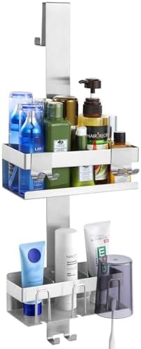 2 Tier Over The Door Shower Caddy with Hooks and Baskets