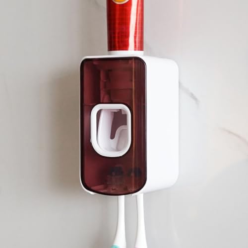2 Slot Toothbrush Holder and Toothpaste Dispenser Wall Mounted Red