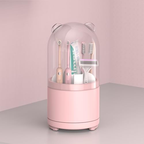 Pink Rotating Toothbrush Holder with Lid for Bathroom