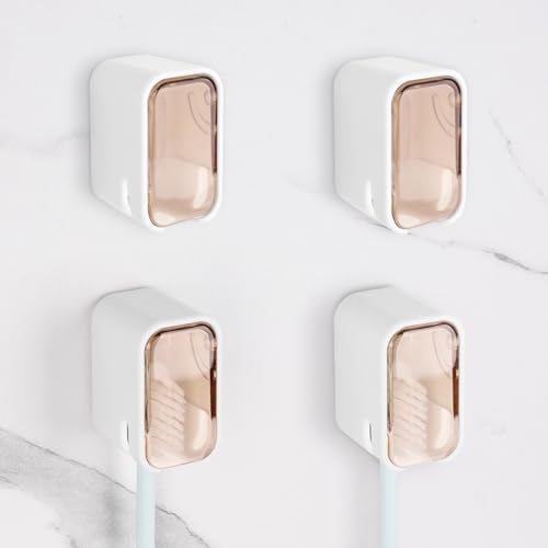 4 Pack Wall Mount Toothbrush Holders with Cover and Self Adhesive Design
