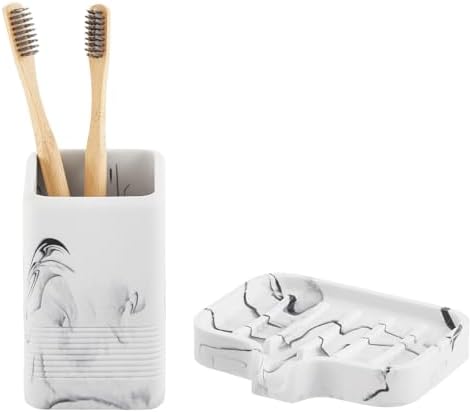 Sturdy Marble-Style Toothbrush Soap Holder Set