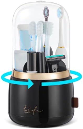 EXIN DECHEN 360 Degree Rotating Toothbrush Holder with Cover Black