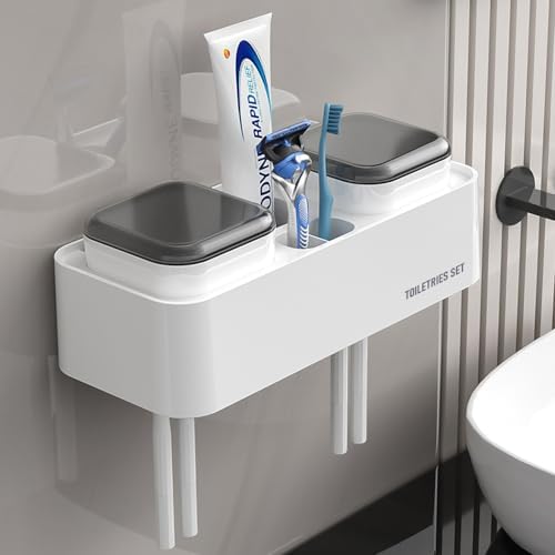 Wall-Mounted Toothbrush Holder for Bathroom 2 Cups Organizer