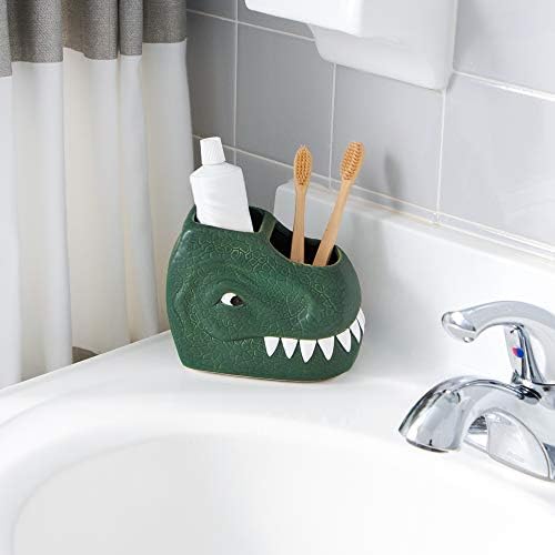 Isaac Jacobs Green Ceramic Dinosaur Dual Compartment Toothbrush Holder