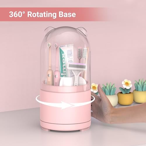 Pink Rotating Toothbrush Holder with Lid for Bathroom