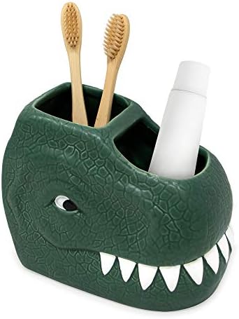 Isaac Jacobs Green Ceramic Dinosaur Dual Compartment Toothbrush Holder