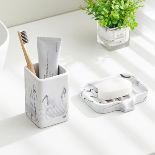 Sturdy Marble-Style Toothbrush Soap Holder Set