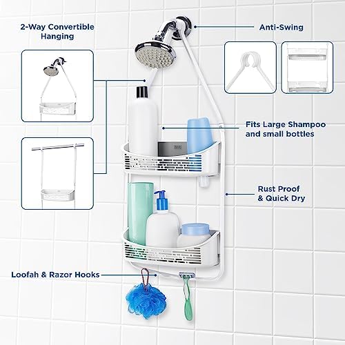 BLACKDECKER 2-Way Convertible Shower Caddy with Hooks and Suction Cups White