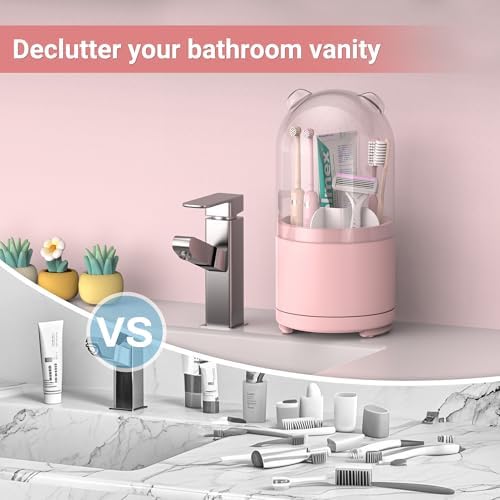 Pink Rotating Toothbrush Holder with Lid for Bathroom