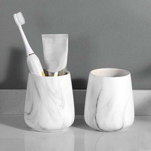 2Pcs Marble White Ceramic Toothbrush Holder Set