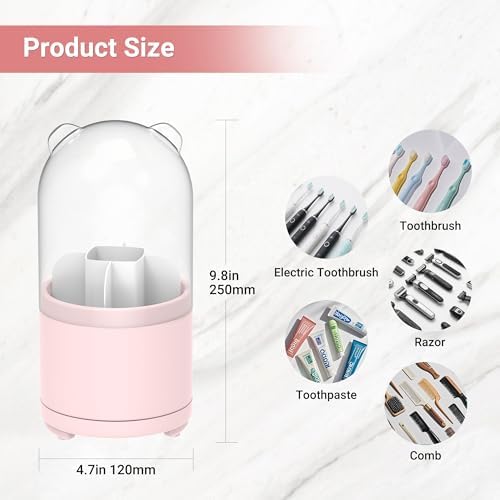 Pink Rotating Toothbrush Holder with Lid for Bathroom