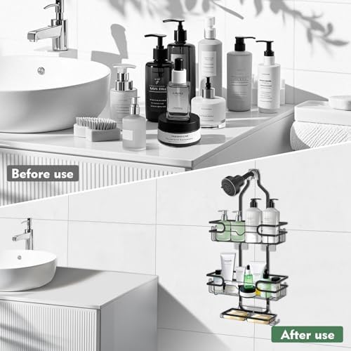 Shower Caddy with 3 Layers and 4 Hooks - Black