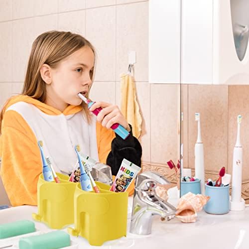 Organizing Kids Toothbrushes in a Funny Elephant Style Holder Yellow
