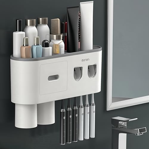 No-Drill Wall-Mounted Toothbrush Holder with Magnetic Dispensers