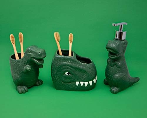 Isaac Jacobs Green Ceramic Dinosaur Dual Compartment Toothbrush Holder