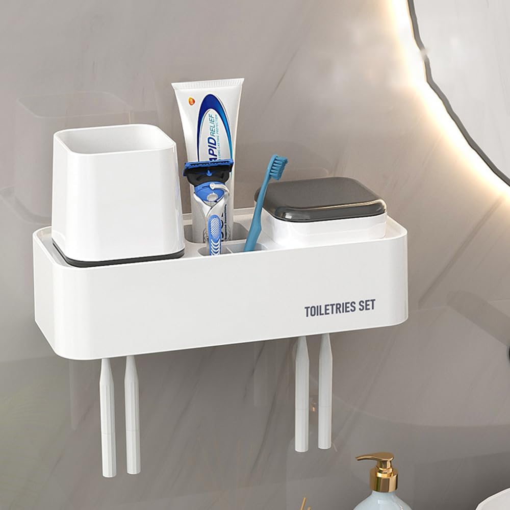 Wall-Mounted Toothbrush Holder for Bathroom 2 Cups Organizer