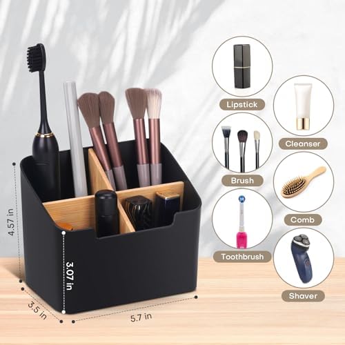 Toothbrush Holder with Divider for Bathroom Countertop Storage Black