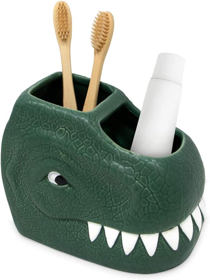 Isaac Jacobs Green Ceramic Dinosaur Dual Compartment Toothbrush Holder