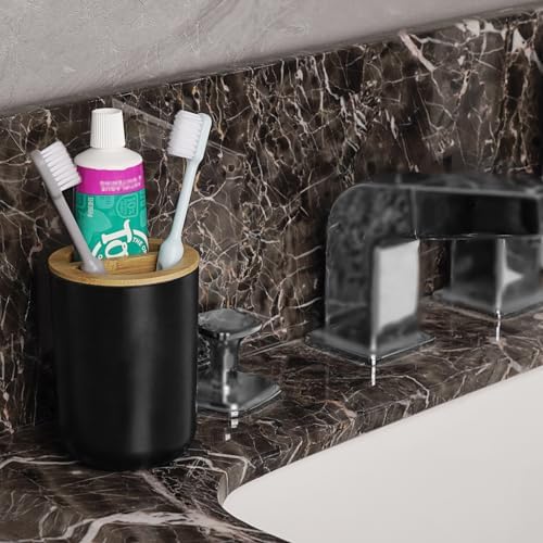 Round Wooden Toothbrush Holder Black Durable
