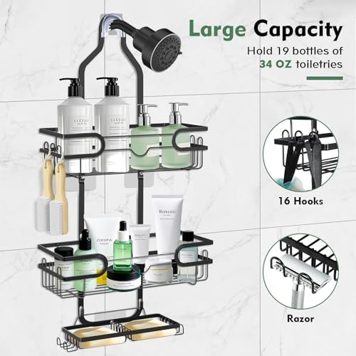 Shower Caddy with 3 Layers and 4 Hooks - Black