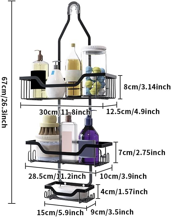 GAOKASE 3 Tier Shower Caddy with Baskets and Hooks - Black
