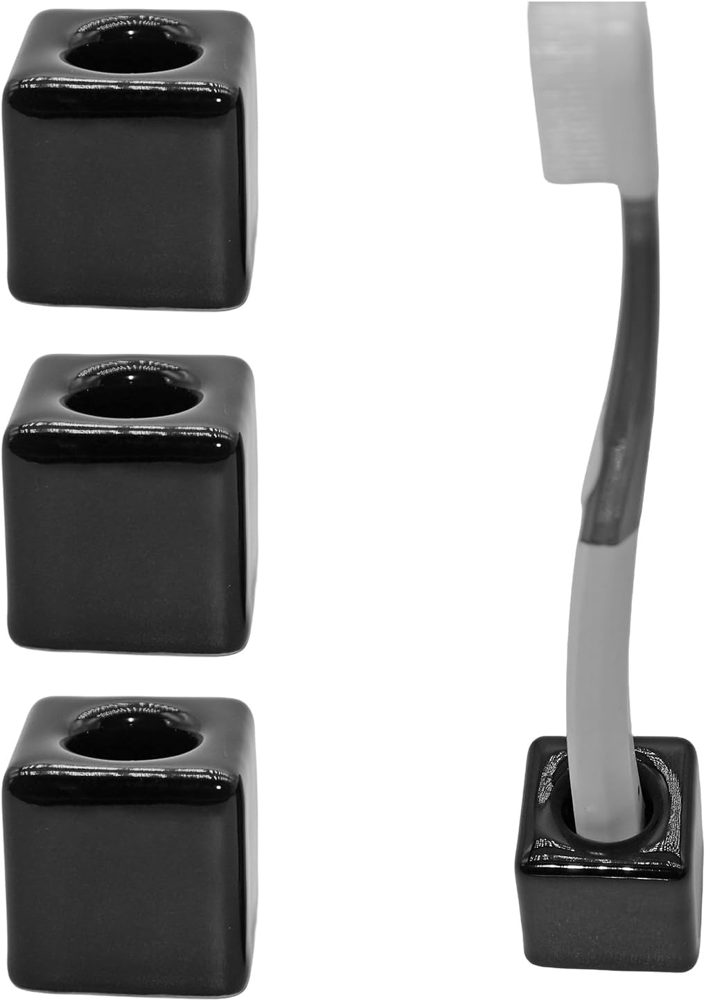 3-Piece Set Small Square Ceramic Toothbrush Holders Black Sleek Glazed