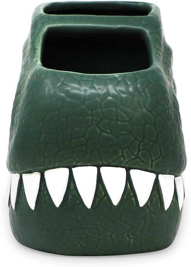 Isaac Jacobs Green Ceramic Dinosaur Dual Compartment Toothbrush Holder