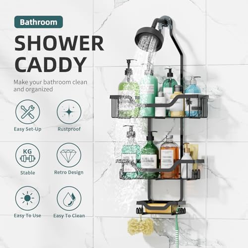 GAOKASE 3 Tier Shower Caddy with Baskets and Hooks - Black