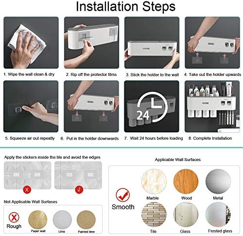 Toothbrush Holder with 2 Automatic Toothpaste Dispensers and 6 Brush Slots
