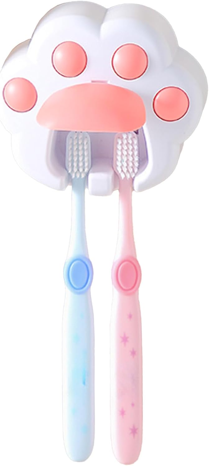 White Pink Cute Cat Paw Kids Toothbrush Holder Wall Mounted with Cover