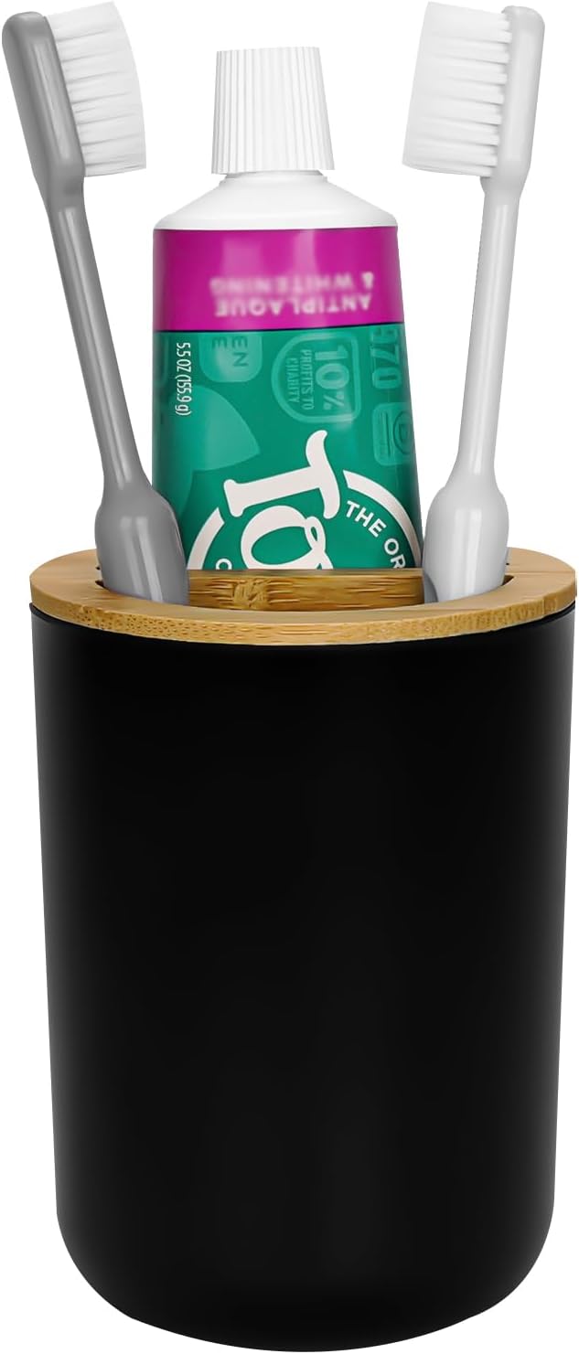 Round Wooden Toothbrush Holder Black Durable