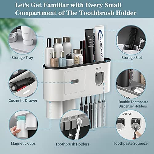 Toothbrush Holder with 2 Automatic Toothpaste Dispensers and 6 Brush Slots