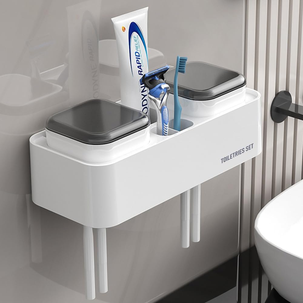 Wall-Mounted Toothbrush Holder for Bathroom 2 Cups Organizer