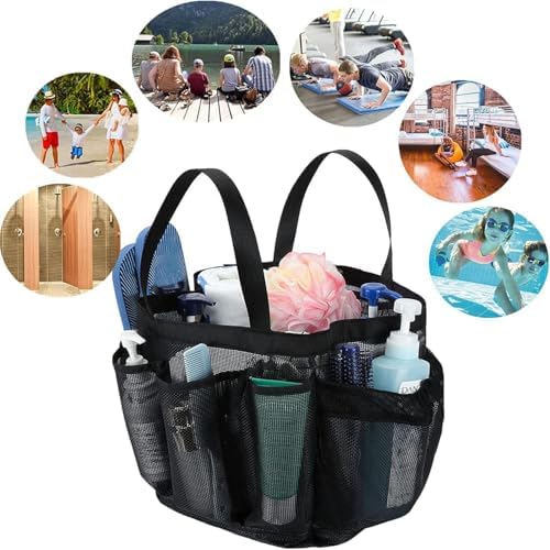 Portable Mesh Shower Caddy with 8 Deep Pockets - Black