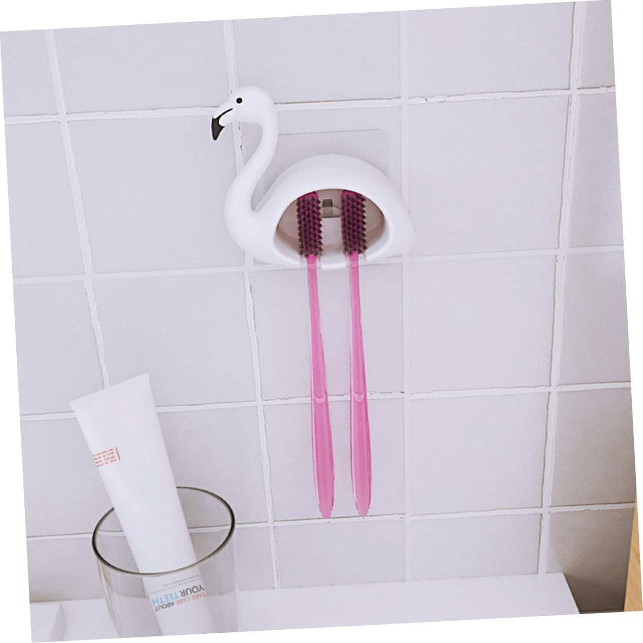 Flamingo Toothbrush Holder for Two Easy Suction Wall Toothbrush Case