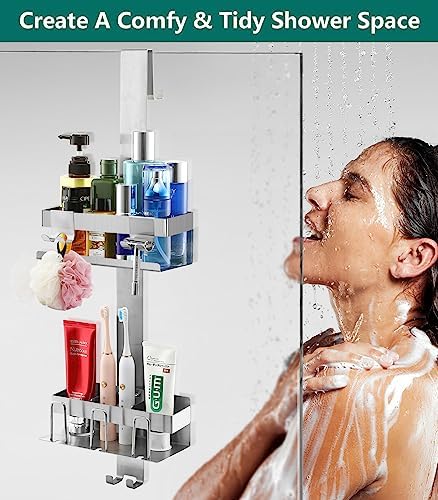 2 Tier Over The Door Shower Caddy with Hooks and Baskets