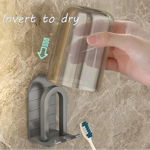2Pcs Toothbrush Cup Holder Set Bathroom Organizer with Self Adhesive Mount