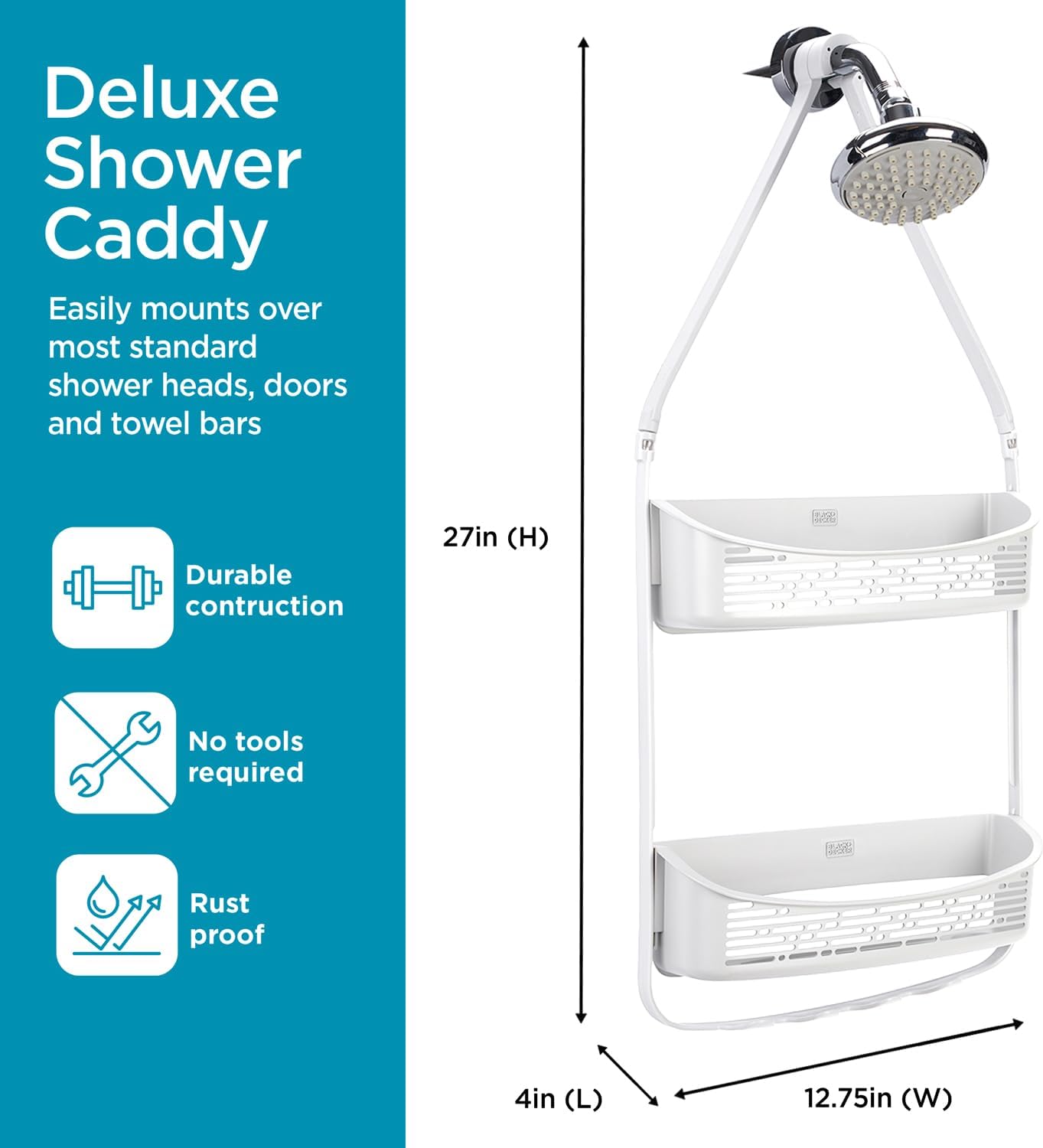 BLACKDECKER 2-Way Convertible Shower Caddy with Hooks and Suction Cups White