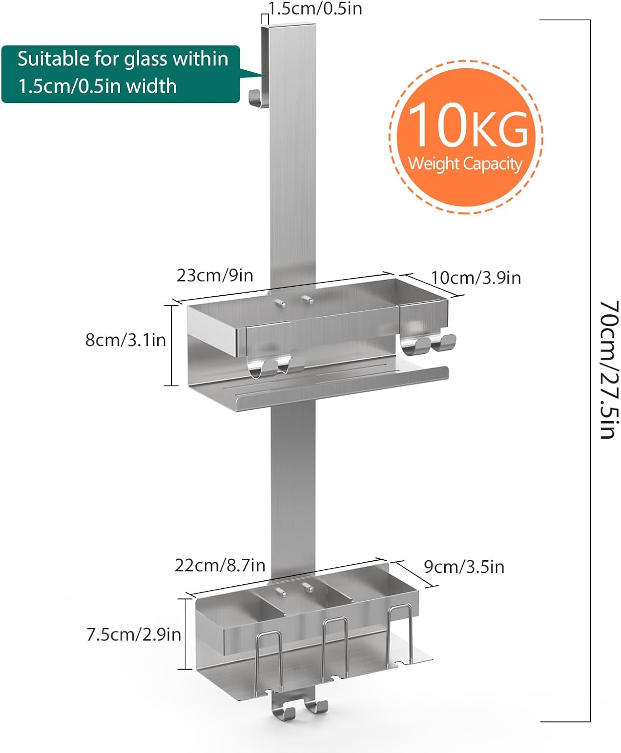 2 Tier Over The Door Shower Caddy with Hooks and Baskets