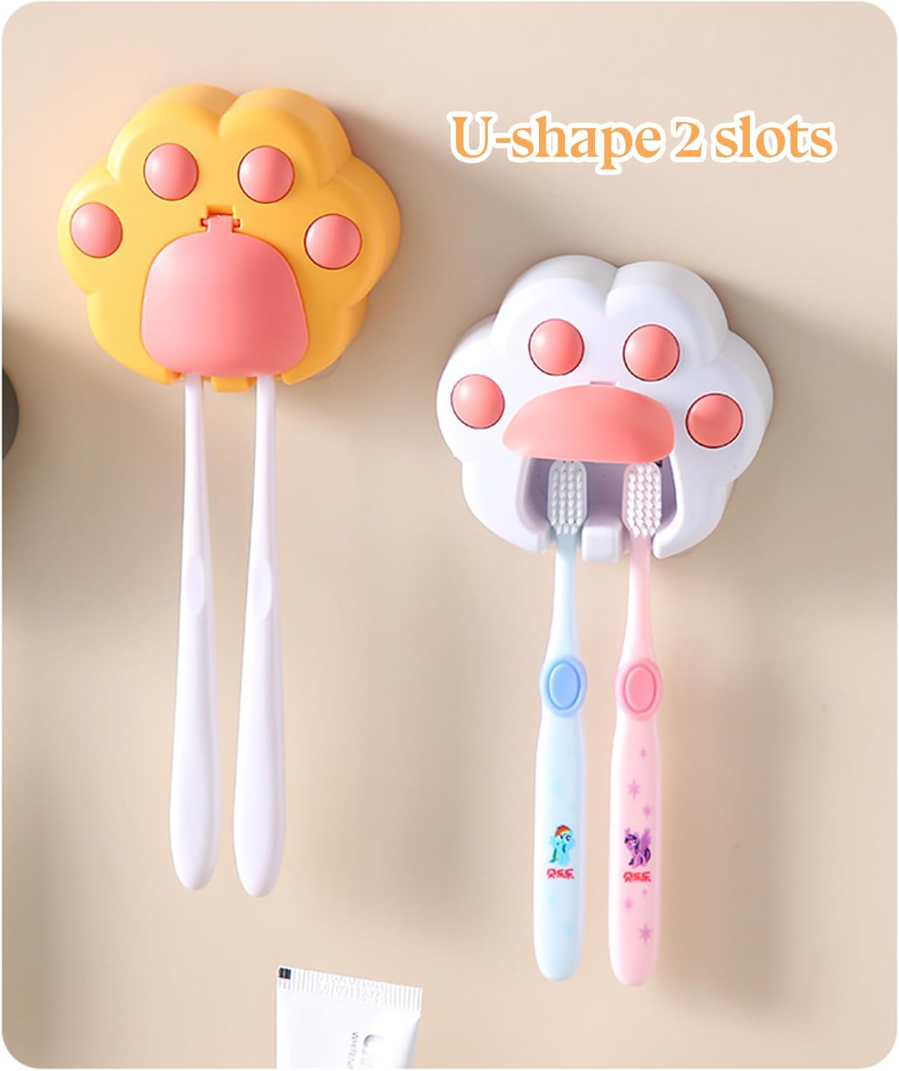 White Pink Cute Cat Paw Kids Toothbrush Holder Wall Mounted with Cover