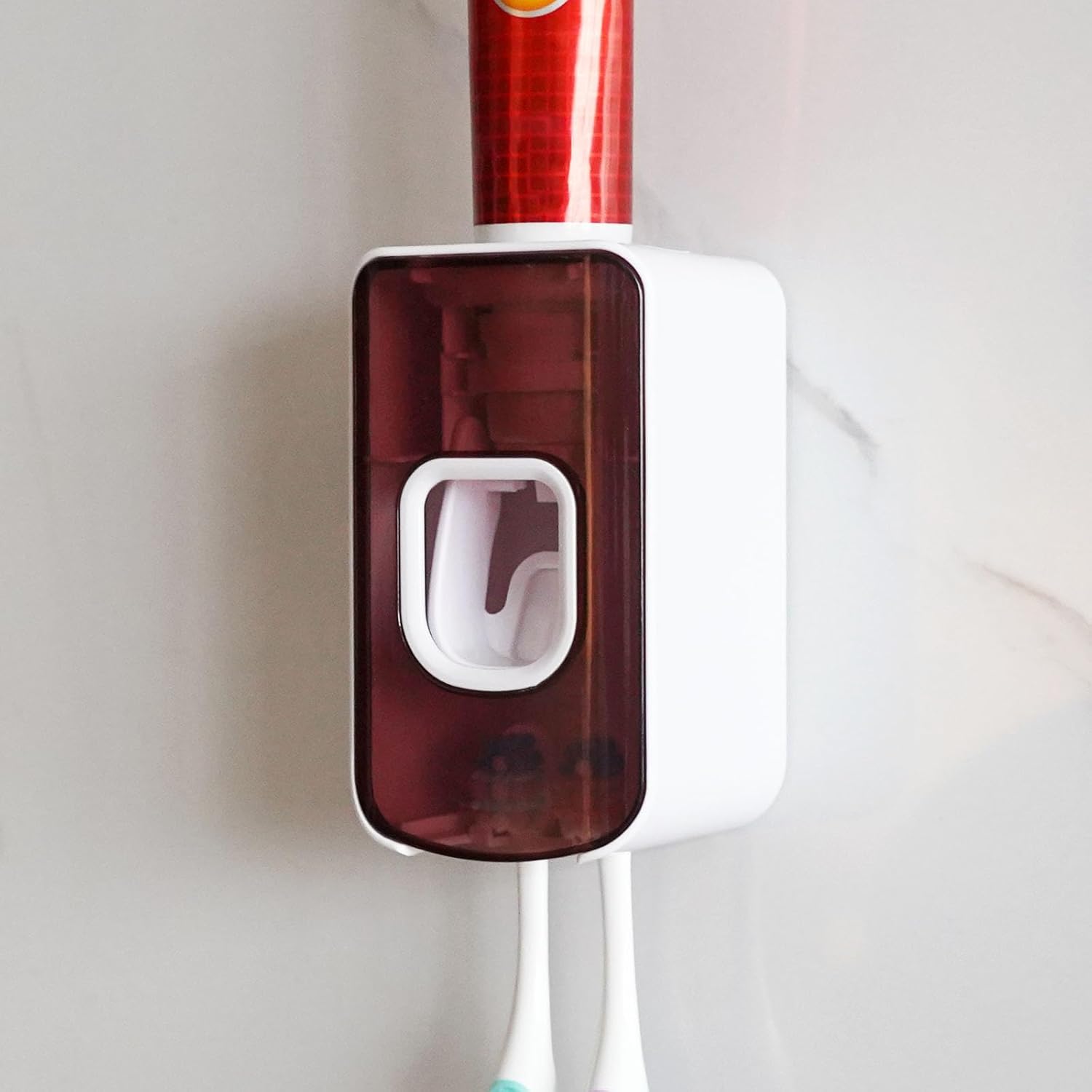 2 Slot Toothbrush Holder and Toothpaste Dispenser Wall Mounted Red