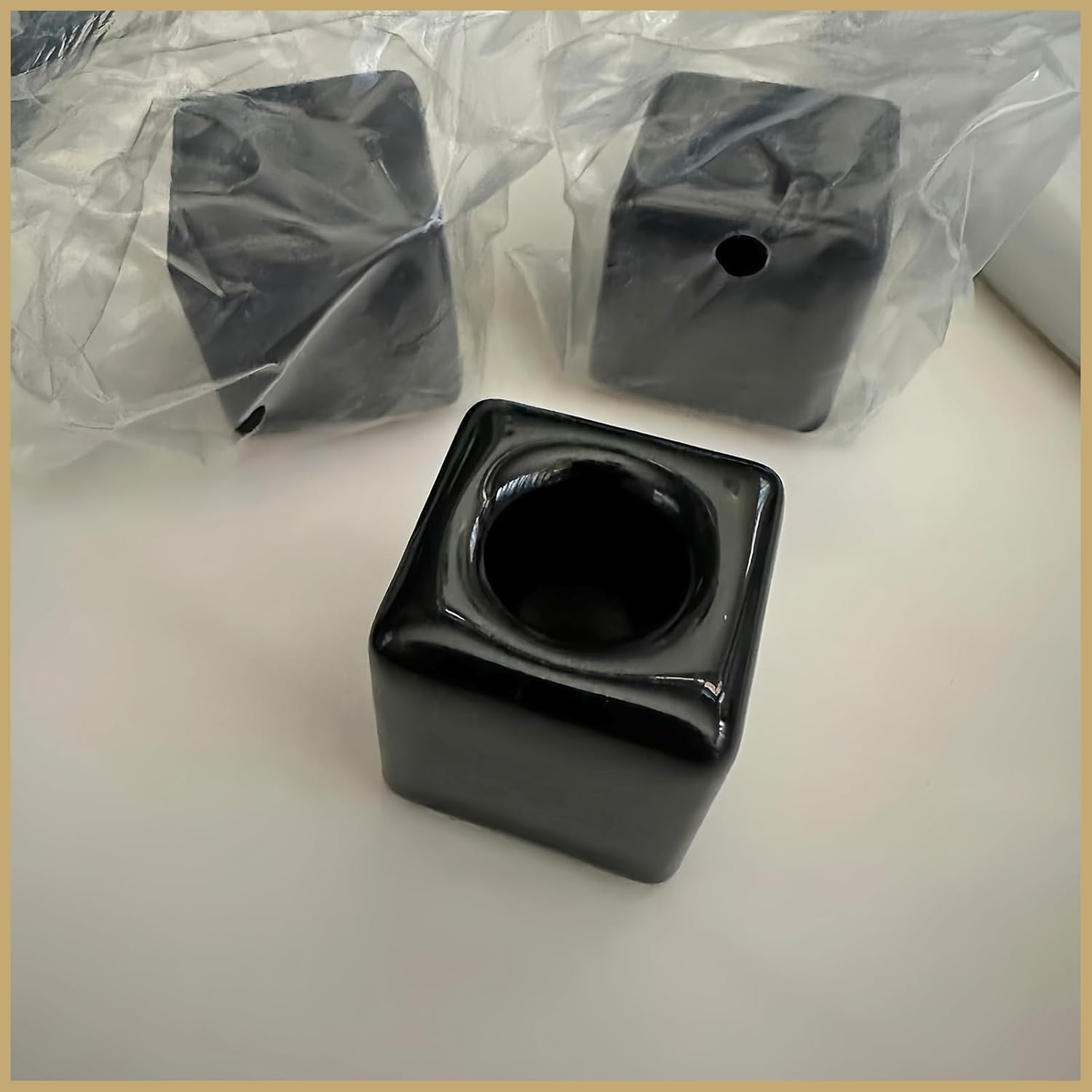 3-Piece Set Small Square Ceramic Toothbrush Holders Black Sleek Glazed