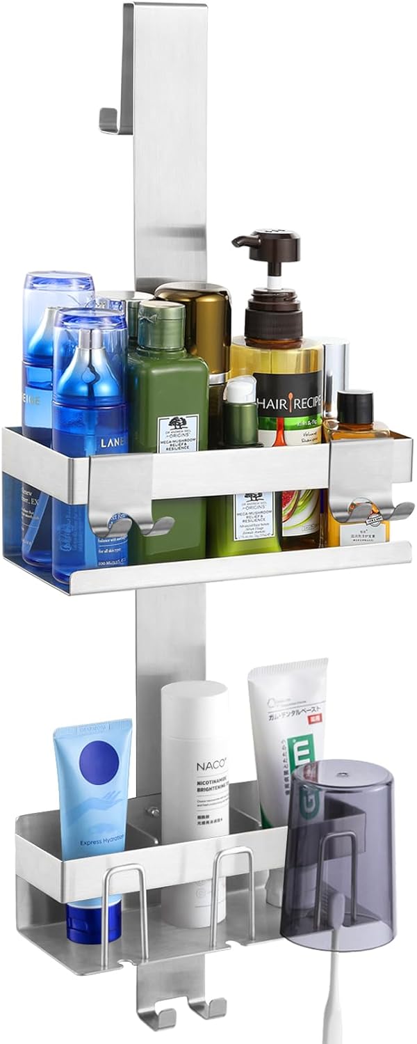 2 Tier Over The Door Shower Caddy with Hooks and Baskets