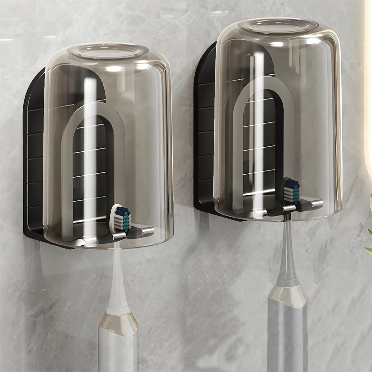 2Pcs Toothbrush Cup Holder Set Bathroom Organizer with Self Adhesive Mount