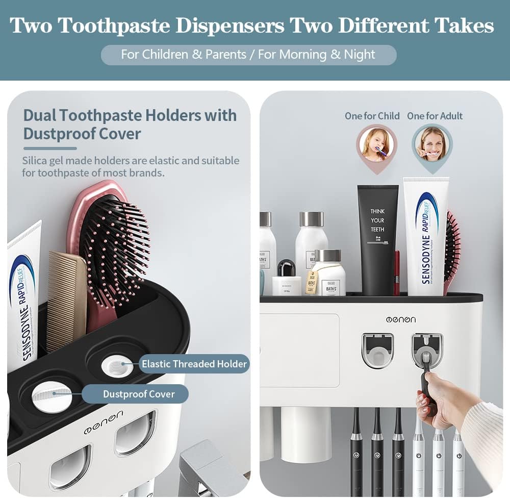 Toothbrush Holder with 2 Automatic Toothpaste Dispensers and 6 Brush Slots
