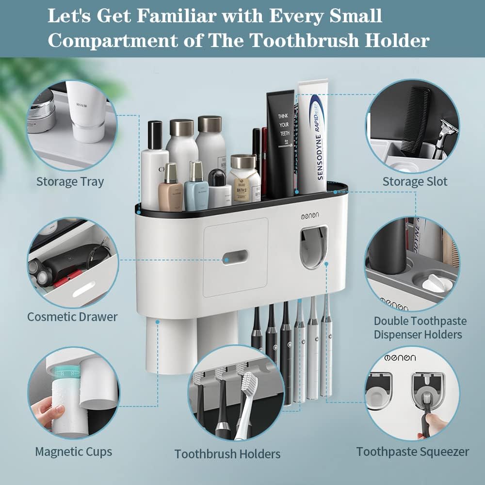 Toothbrush Holder with 2 Automatic Toothpaste Dispensers and 6 Brush Slots