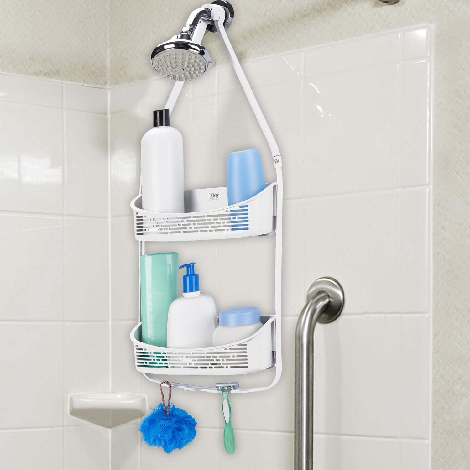 BLACKDECKER 2-Way Convertible Shower Caddy with Hooks and Suction Cups White