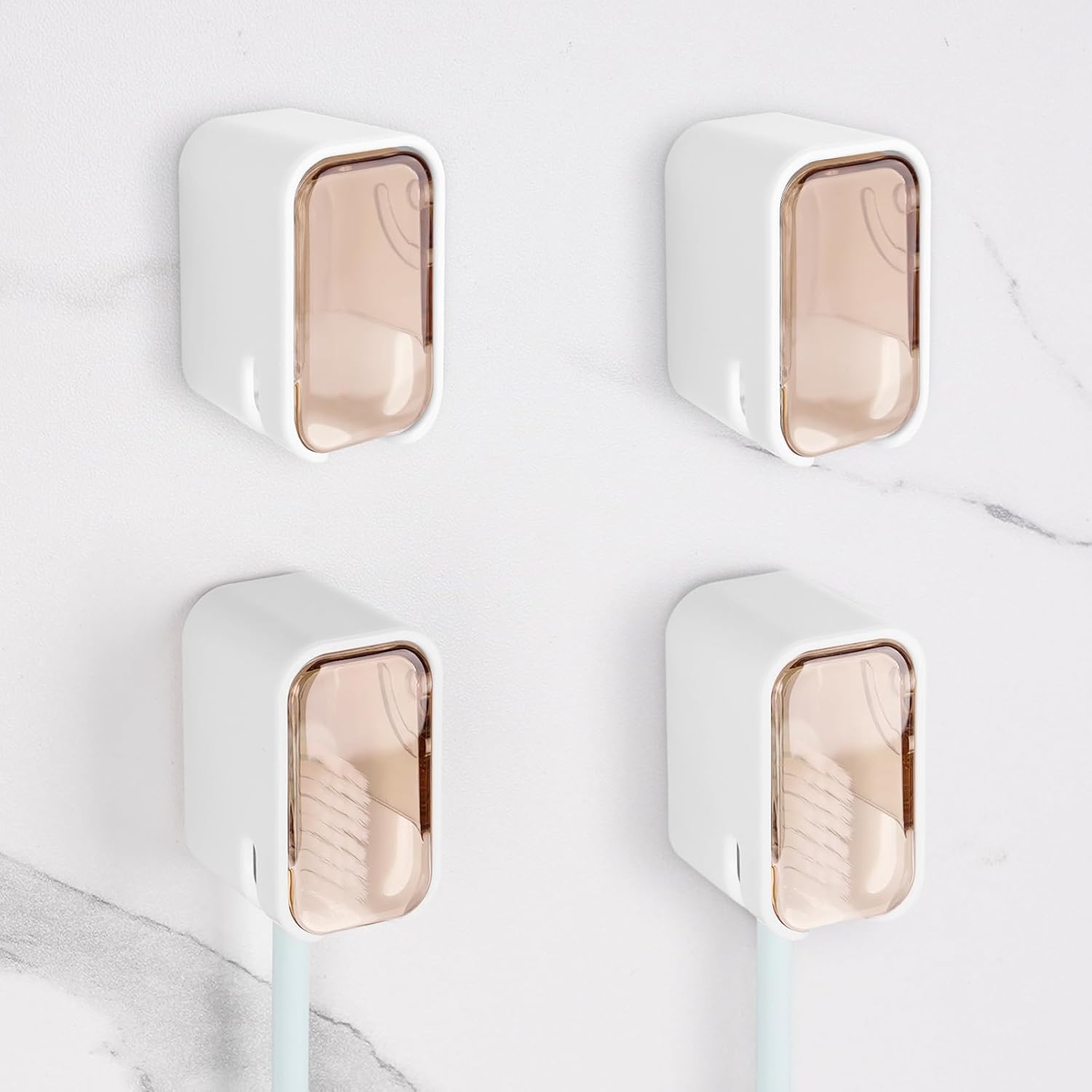 4 Pack Wall Mount Toothbrush Holders with Cover and Self Adhesive Design
